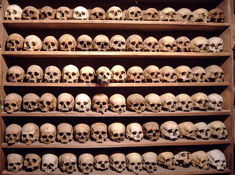 Rows of human skulls on shelves, Varlaam Monastery, Meteora, Thassaly, Greece