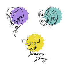 Hand drawn cute poster set with one line lettering and watercolor splashes.