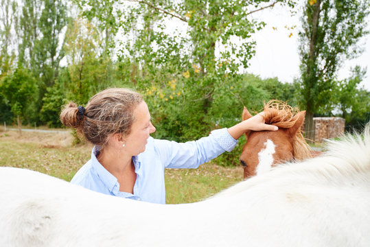 Woman petting horse's forelock in field