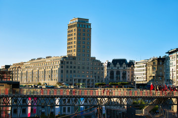 Flon district with Grand pont bridge and Bel Air Tower