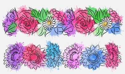  Set of flower brushes with watercolor splashes. Contour drawing. Vector element for your creativity © veleri_kz