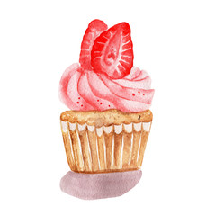 watercolor illustration of strawberry cupcake on white