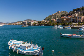 Fototapeta na wymiar Boats, Nafplion promenade and Palamidi Fortress, Argolida, Greece