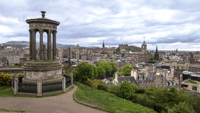 Edinburgh City and Castle viewed from Calton Hill near Dugald Stewart Monument