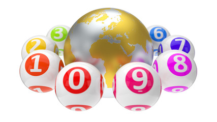 3d illustration of lottery balls and world