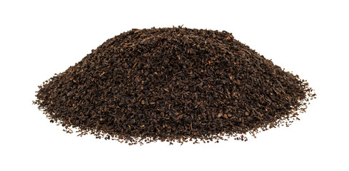 Black loose leaf tea in a small pile isolated on a white background.
