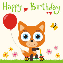 Happy birthday! Funny fox going on scooter with red balloon. Birthday card with little fox in cartoon style for child birthday.