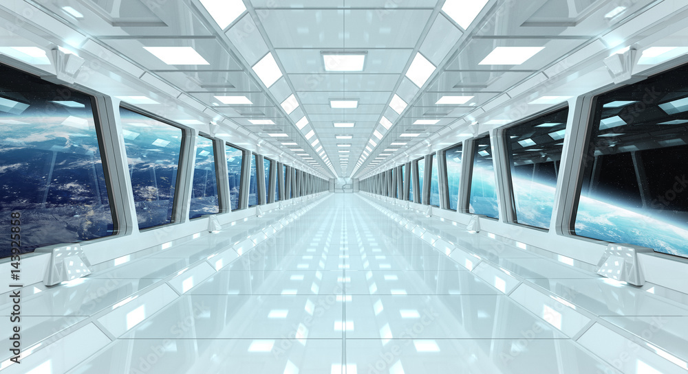 Aufkleber Spaceship corridor with view on the planet Earth 3D rendering elements of this image furnished by NASA