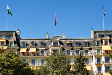 Fototapeta na wymiar Beau Rivage Palace hotel at Lake Geneva promenade Lausanne