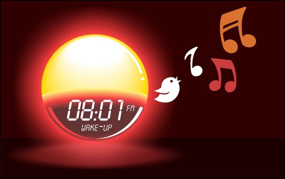 Alarm Clock Sunrise Shining & Bird Singing Timer Gadget Illustration. Easy Waking Device