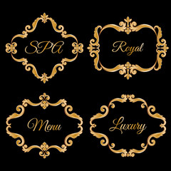 Set collection of ornamental vintage frames with sample text in golden yellow color.