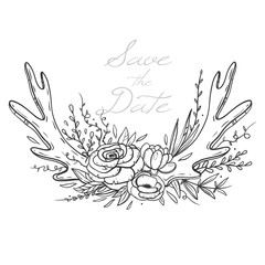 Wedding card template with hand drawn floral bouquet and deer horns. Floral composition with roses, anemones and succulents. Vector illustration isolated on white.