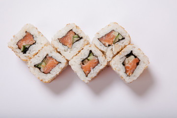 Japanese seafood sushi , roll on a white background