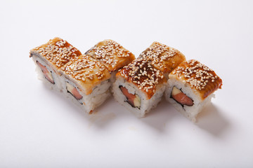 Japanese seafood sushi , roll on a white background