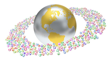 3d illustration of lottery balls and world