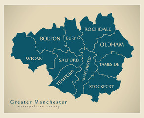 Modern Map - Greater Manchester metropolitan county UK