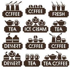 set of vector logos for restaurant, cafe or coffee shop on hot coffee, tea, dessert, juice and ice cream in retro style