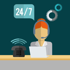 operator woman headphone laptop bubble phone gear call center service icon. Flat and Colorfull illustration. Vector graphic