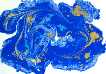 Blue and golden liquid texture. Watercolor hand drawn marbling illustration. Ink marble background.