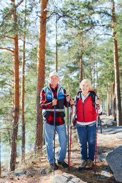 Sporty seniors with rucksacks trekking in the forest on weekend
