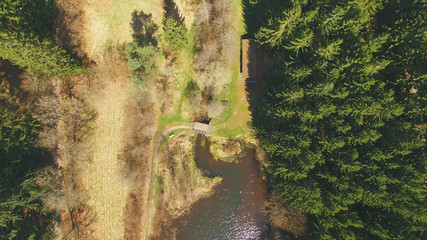 Top view of a wooden bridge at the Eutersee. The Eutersee is a little lake in south Hessia, Germany.
