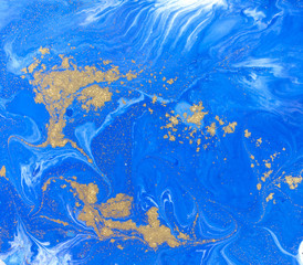 Blue and golden liquid texture. Watercolor hand drawn marbling illustration. Ink marble background.