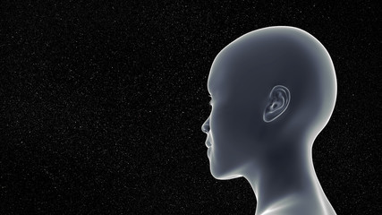 smiling bald child looking up to a starry clear sky (conceptual 3d illustration)