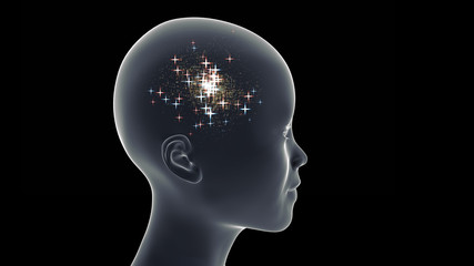 illustration of a smiling child with pink and blue bright stars in its head (on a black background)