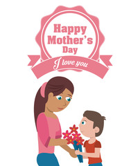 happy mothers day card - i love you mom and son flowers vector illustration eps 10