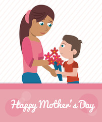 happy mothers day card - son gift flowers mom vector illustration eps 10
