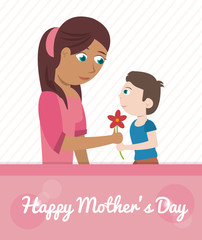 happy mothers day card - son giving flower vector illustration eps 10