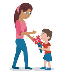 mom son with bouquet flowers lovely vector illustration eps 10