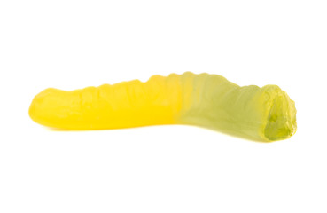 Half jelly candy worm on white background