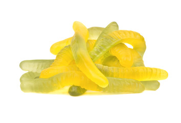 Bunch of gummy candy worms on a white background