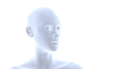 half-profile of an attractive smiling African woman (conceptual 3d illustration in shades of blue on a white background,)