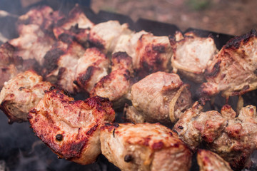 Grilling barbecue meat on wood coal. Man cooks appetizing hot shish kebab on metal skewers. Tasty meat pieces with crust. Grilling food. Cooking shashlik on barbecue grill. Closeup