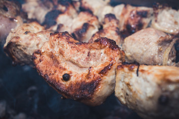 Grilling barbecue meat on wood coal. Man cooks appetizing hot shish kebab on metal skewers. Tasty meat pieces with crust. Grilling food. Cooking shashlik on barbecue grill. Closeup
