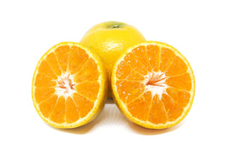 Slice fresh orange fruit on white background.