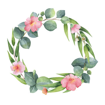 Watercolor round wreath with eucalyptus leaves and branches.