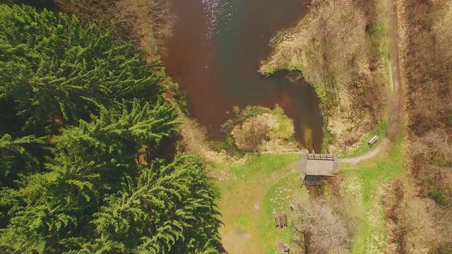 Top View drone flight across the Eutersee. The Eutersee is a little lake in south Hessia, Germany.
