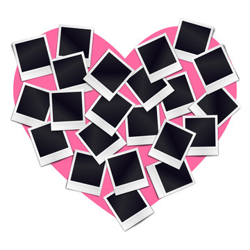 Composition of many blank realistic vintage photo frames on pink heart background. Mockups for romantic design. Vector illustration.