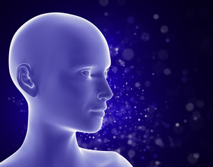 half-profile of a smiling Caucasian woman in front of a glittery background in shades of blue (3d illustration) 007