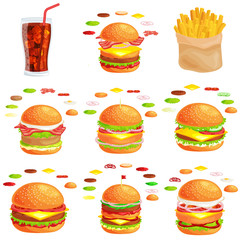 Set of burger grilled beef vegetables dressed with sauce bun snack, hamburger fast food meal menu barbecue meat with detailed individual flying slices menu ingredients vecor illustration background