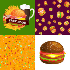 Set of burger grilled beef and fresh vegetables dressed with sauce bun for snack, american hamburger fast food barbecue meat meal with bread tomato cheese, Hamburger vecor illustration background