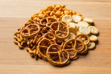 Salty snacks. Pretzels, chips, crackers