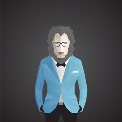 Stylish lion in blue jacket. Dark gray background.