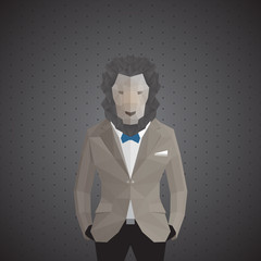 Stylish lion in gray jacket. Dark gray background.