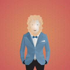 Stylish lion in blue jacket. Hot background.