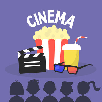 Silhouettes of people from back watching cinema / flat editable vector illustration, clip art