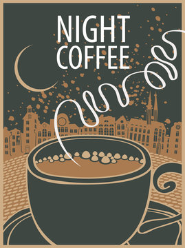 Fototapeta vector banner with a cup of coffee and inscription night coffee on background of night old town in retro style